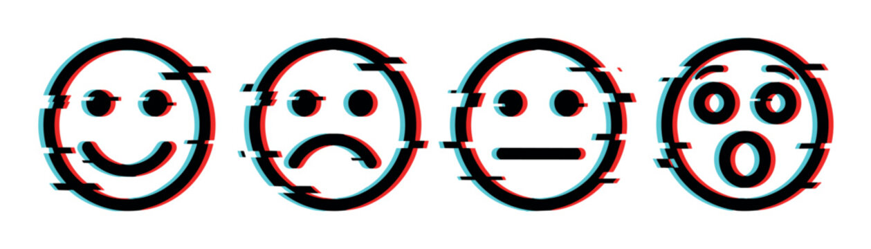 Glitch effect emoticons displaying a range of human emotions from happiness to sadness and surprise with digital distortion.