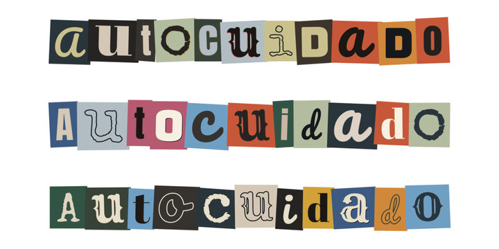 Palavra autocuidado em estilo colagem de letras para saude mental e neurodivergencia