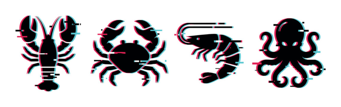Glitch effect seafood icons featuring a lobster, crab, shrimp, and octopus with modern digital distortion and vibrant RGB color shifts.