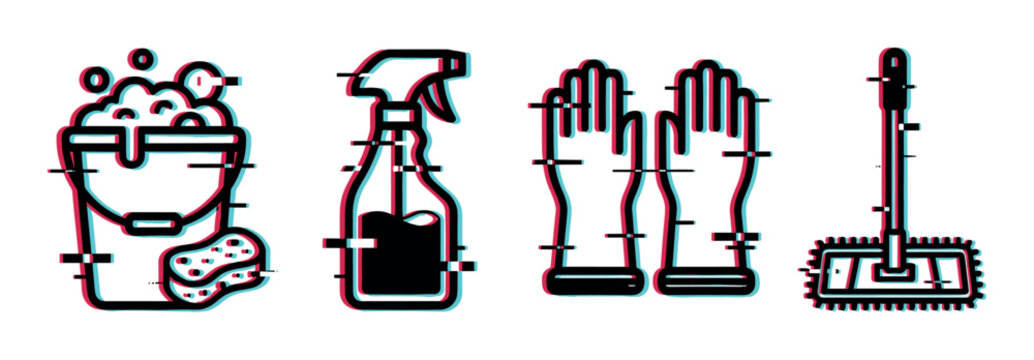 Cleaning supplies bucket sponge spray gloves mop with a modern digital glitch effect, representing household chores and hygiene.