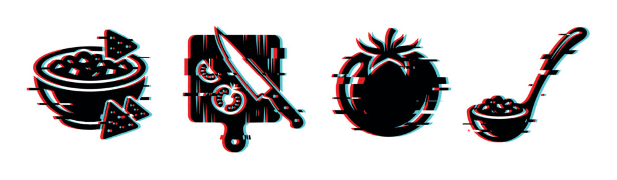 Glitch effect food preparation icons featuring salsa, chips, tomato, cutting board, knife, and ladle for cooking concepts.