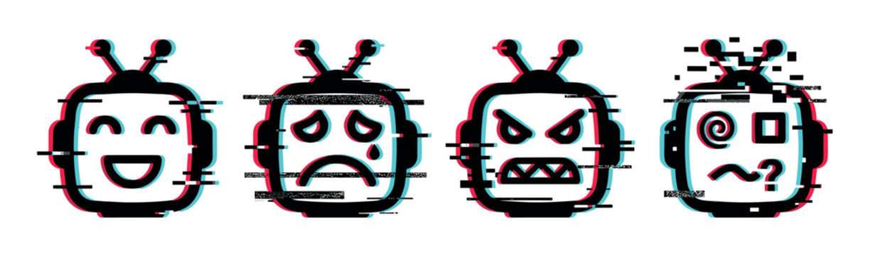 Robot heads displaying various emotions with a modern glitch effect, representing digital feelings and artificial intelligence concepts.