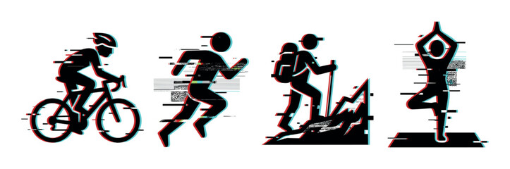 Naklejka premium Sports activity icons with glitch effect representing cycling, running, hiking, and yoga for modern digital design projects.