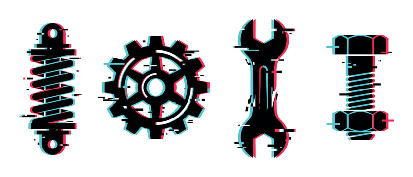 Mechanical parts and tools with a modern glitch effect, including a spring, gear, wrench, and bolt, representing digital disruption.