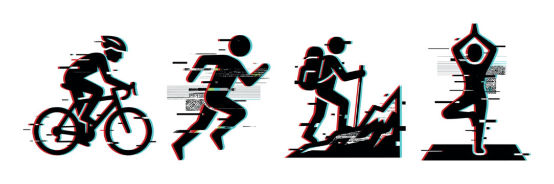 Sports activity icons with glitch effect representing cycling, running, hiking, and yoga for modern digital design projects.