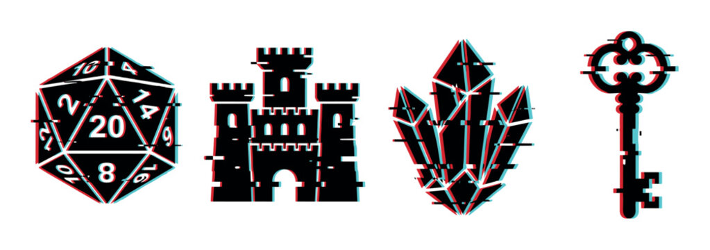 Fantasy game icons with glitch effect including a D20 die, castle, crystals, and a vintage key, representing adventure and digital art.