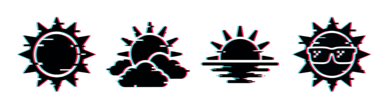 Glitch effect sun icons, a set of four digital weather symbols with a trendy RGB split effect, representing various sunny conditions.