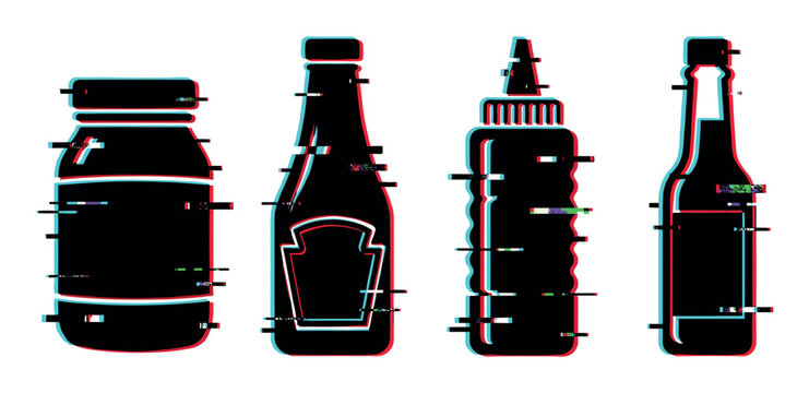Glitch effect condiment bottles with digital distortion and anaglyph style create a modern abstract food packaging illustration.