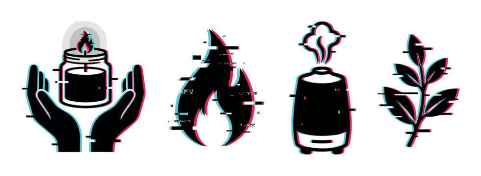 Hands holding candle, flame, diffuser, and plant icons with a modern digital glitch effect representing natural wellness and aromatherapy.