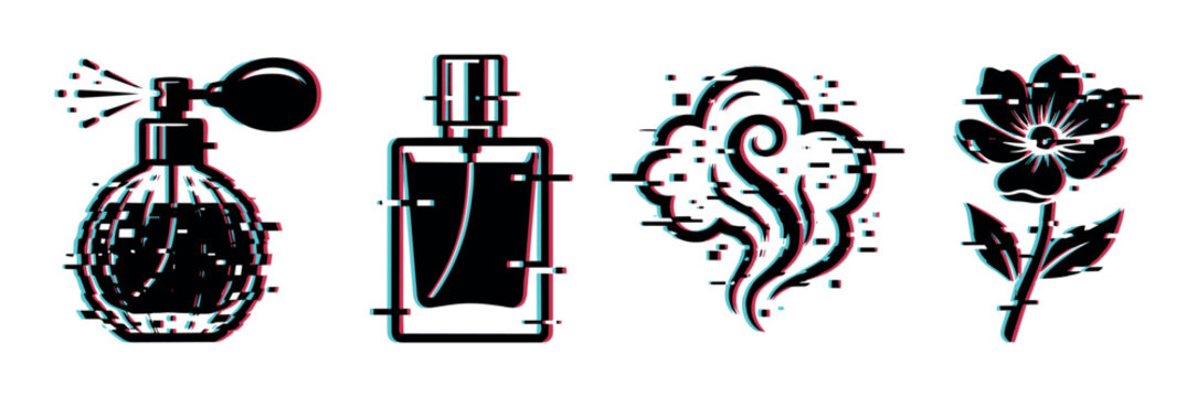 Perfume bottles, scent cloud, and flower icons with a modern digital glitch effect, representing fragrance and aroma.