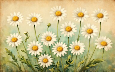 Fototapeta premium Whimsical daisies bloom in a soft vintage-toned meadow with gentle