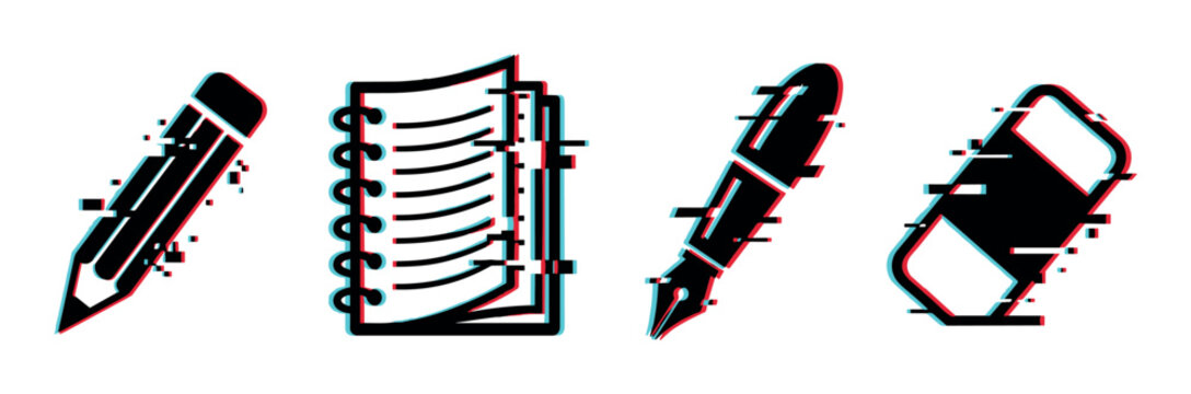 Pencil, notebook, pen, and eraser icons featuring a modern digital glitch effect with cyan and red colors.