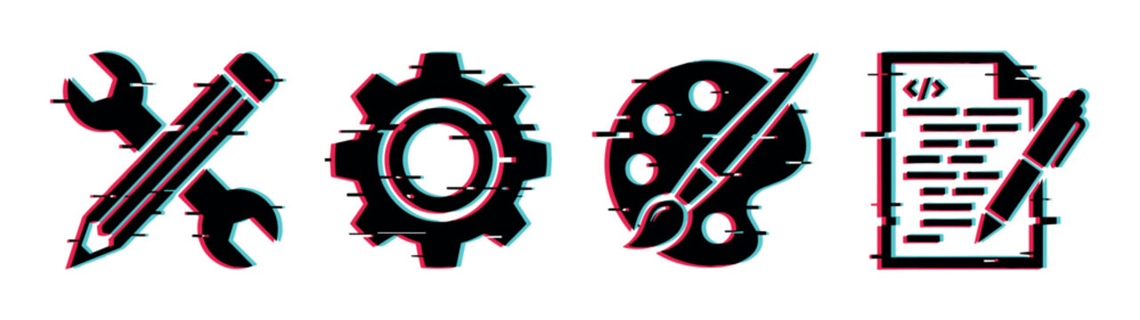 Wrench, pencil, gear, palette, and document icons with a modern glitch effect representing creative development and digital design processes.