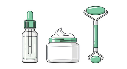 Illustration of skincare serum, cream and jade roller. © Mr