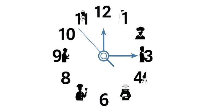 Clock showing various professions and career choices.