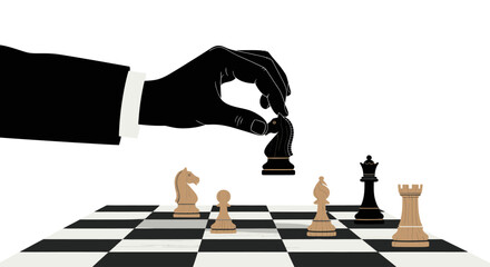Hand in a business suit moving a chess knight piece on a chessboard for strategic competition © Mr