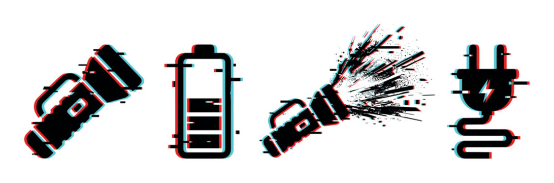 Flashlight battery plug power glitch icons with digital distortion effect representing energy and technology concepts.