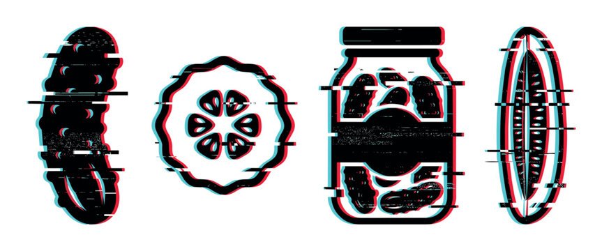 Cucumbers and pickles vector illustrations featuring a whole vegetable, a cross-section, a lengthwise slice, and a jar, all with a modern glitch effect.