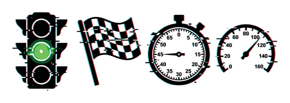 Racing speed icons with glitch effect, including a traffic light, checkered flag, stopwatch, and speedometer, representing competition and velocity.
