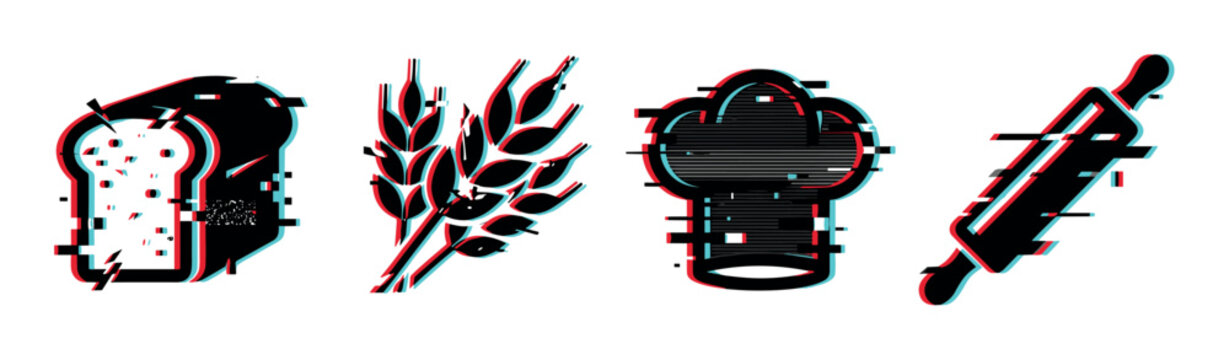 Bread, wheat, chef hat, and rolling pin icons feature a modern digital glitch effect, representing baking and culinary arts.