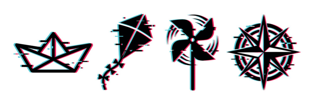 Paper boat, kite, pinwheel, and compass rose icons with a modern glitch effect, representing childhood memories and exploration.
