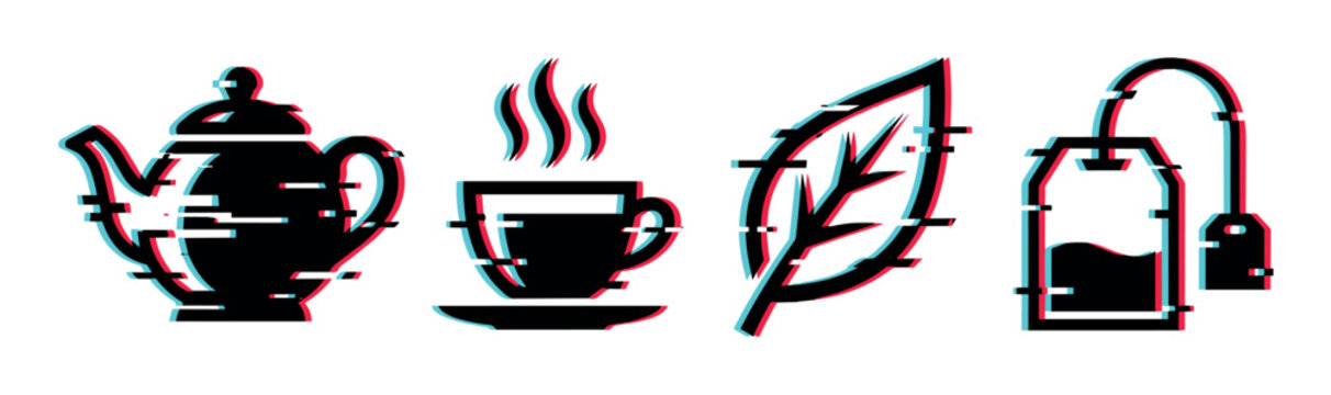 Teapot teacup tea leaf tea bag icons with a modern digital glitch effect, representing hot beverages and natural ingredients.