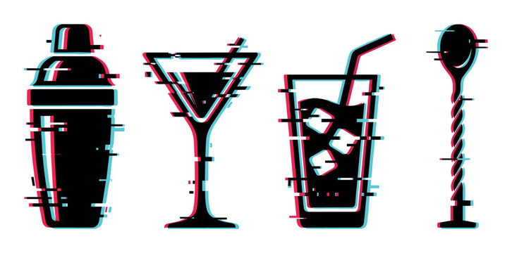 Bar tools and cocktail glasses with a modern digital glitch effect, perfect for contemporary design and beverage themes.