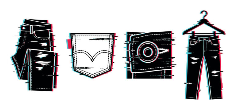 Jeans denim clothing fashion glitch effect vector illustration set with folded pants, back pocket, and hanging trousers.