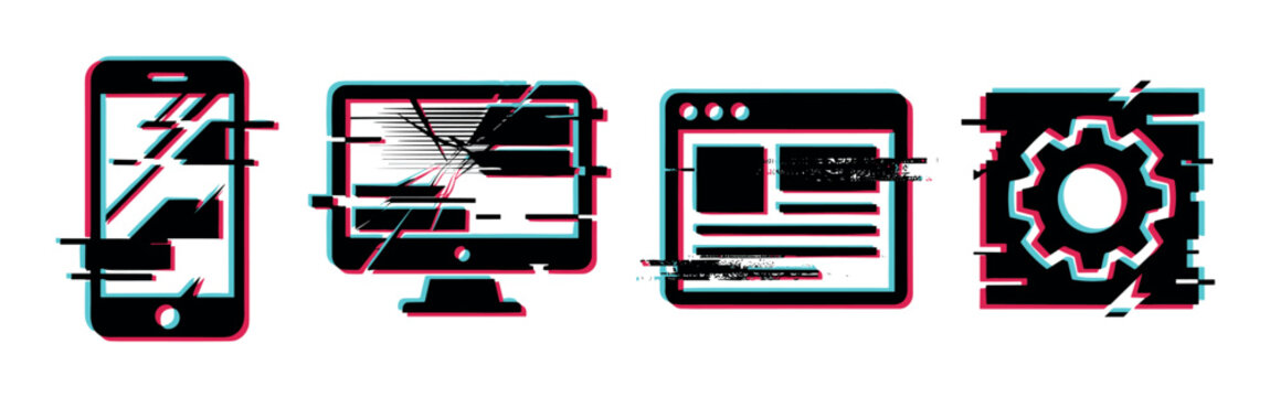 Digital devices and technology icons with a modern glitch effect, representing cyber security issues, data corruption, or system errors.