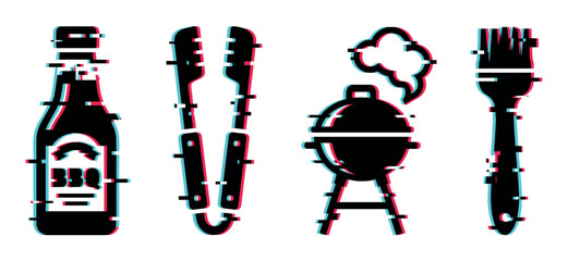 Obraz premium Stylized barbecue grill, sauce bottle, tongs, and basting brush with a modern digital glitch effect vector illustration.
