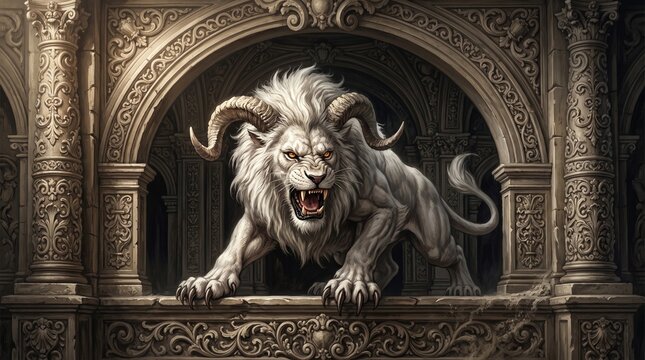 A white, horned lion snarling from a grand stone balcony. The mythological beast features massive ram horns and sharp claws, set against an ornate background of intricate baroque carvings and arches.