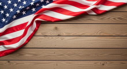 Obraz premium American flag draped on rustic wooden planks symbolizing patriotism and freedom