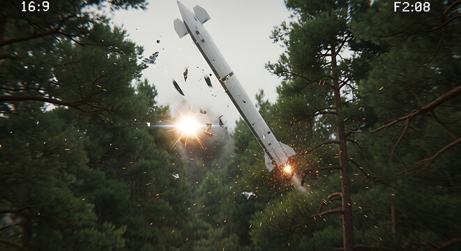 rocket crash explosion in a dense forest with debris and sparks illustrating a dramatic accident or military simulation