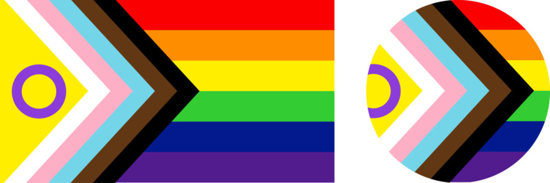 Progress pride flag with intersex circle symbol, inclusive LGBTQ+ rainbow community banner design, modern identity representation with chevrons and stripes