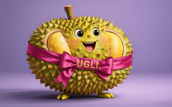 Cute cartoon durian with pink ribbon smiling face and "UGLI" text.