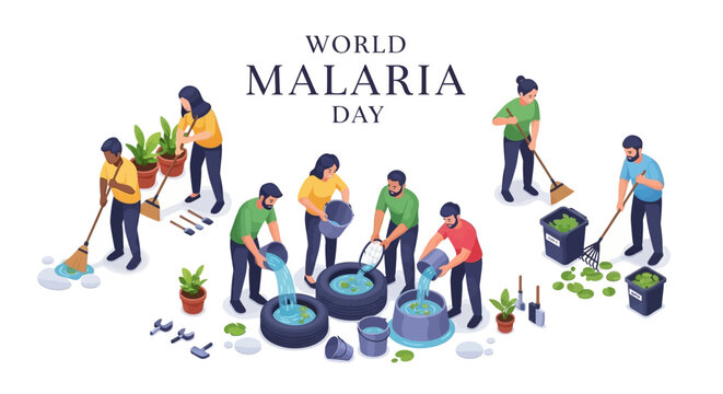 Isometric illustration for World Malaria Day featuring a group of people actively eliminating mosquito breeding grounds by cleaning standing water and removing trash against a white