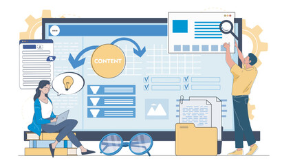 People working on digital content layout in flat graphic style on light background showing concept of creation and organization. Hand-drawn vector illustration © 100% HAND-CRAFTED