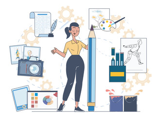 A woman stands with a giant pencil among various artistic elements in a flat style on a white background, representing creativity and design. Vector illustration © 100% HAND-CRAFTED