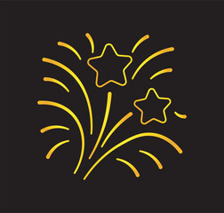 Fototapeta premium Glowing star-shaped fireworks depicted in a bright linear graphic style on a dark background, symbolizing celebration and festivity. Hand-drawn vector illustration