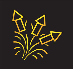 Fototapeta premium Golden fireworks rockets in stylized graphic style on black background, symbolizing celebration and festivity concept of joy. Hand-drawn vector illustration