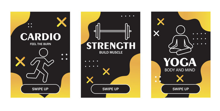 Three fitness banners showing cardio, strength and yoga in minimal line style on black and yellow background, concept of active lifestyle. Hand-drawn vector illustration