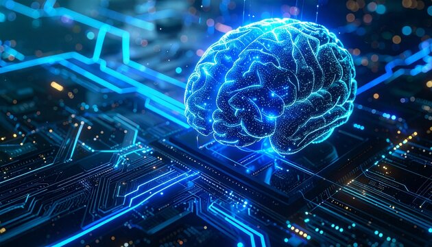 人間の脳とAIチップが融合した光るネットワーク構造のコンセプト