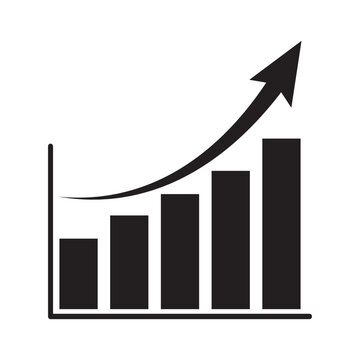 Growing bar graph icon with arrow going up. Financial success and profit growth symbol. Business development and progress chart. Market trend and data.