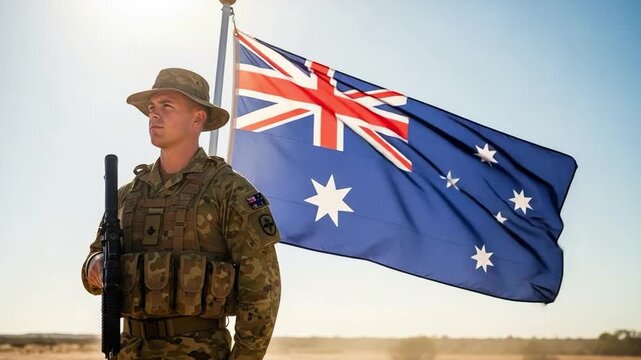 Young male soldier in camouflage uniform standing with national flag for veteran honor tribute
