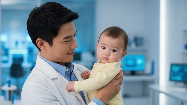 Asian male pediatric geneticist holding a newborn baby in a modern medical research laboratory
