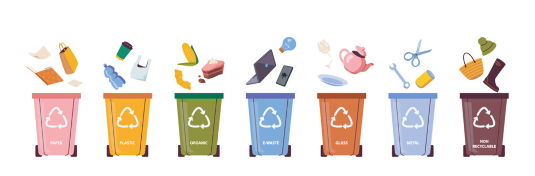 Colorful recycling bins holding different waste types in flat style on a white background illustrating the concept of sorting, recycling and sustainability. Hand-drawn vector illustration
