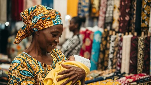 Senior African woman in traditional headwrap holding a newborn baby in a textile market