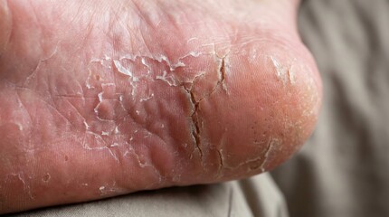 Fototapeta premium Dry Skin and Cracked Heel on a Human Foot with Peeling Skin Indicating a Dermatological Condition