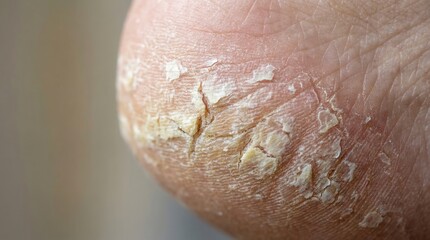 Fototapeta premium Dry Skin on Cracked Heel with Visible Peeling and Deep Fissures Indicating a Common Dermatological Issue