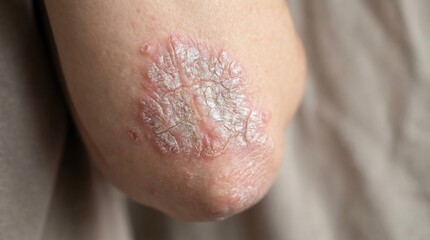 Fototapeta premium Psoriasis Chronic Skin Condition Showing Dry Scaly Patches and Inflammation on Human Elbow Skin